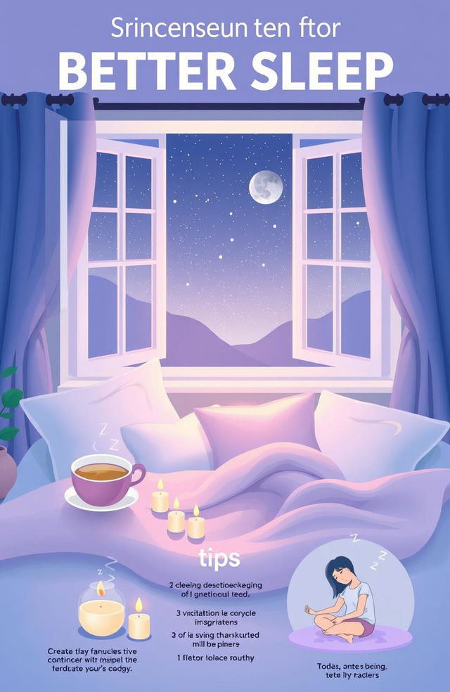 A visually appealing and informative representation of concepts for better sleep, featuring elements such as a dreamy bedroom scene with soft lighting, fluffy pillows, a cozy blanket, calming colors like blue and lavender, an open window showing a starry night sky, and subtle illustrations of sleep-related tips like a cup of herbal tea, a meditation corner with aromatic candles, and a peaceful person relaxing in bed