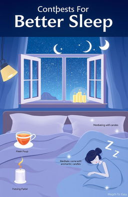 A visually appealing and informative representation of concepts for better sleep, featuring elements such as a dreamy bedroom scene with soft lighting, fluffy pillows, a cozy blanket, calming colors like blue and lavender, an open window showing a starry night sky, and subtle illustrations of sleep-related tips like a cup of herbal tea, a meditation corner with aromatic candles, and a peaceful person relaxing in bed