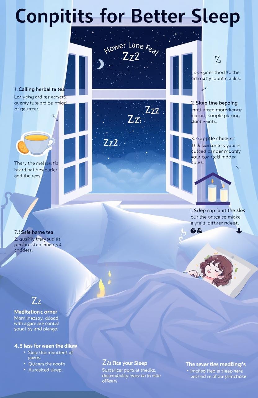 A visually appealing and informative representation of concepts for better sleep, featuring elements such as a dreamy bedroom scene with soft lighting, fluffy pillows, a cozy blanket, calming colors like blue and lavender, an open window showing a starry night sky, and subtle illustrations of sleep-related tips like a cup of herbal tea, a meditation corner with aromatic candles, and a peaceful person relaxing in bed