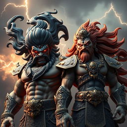 A dramatic 3D rendering of the fierce deities Shumbh and Nishumbh, depicted with intense expressions of anger