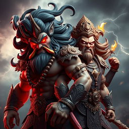 A dramatic 3D rendering of the fierce deities Shumbh and Nishumbh, depicted with intense expressions of anger