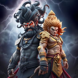 A dramatic 3D rendering of the fierce deities Shumbh and Nishumbh, depicted with intense expressions of anger