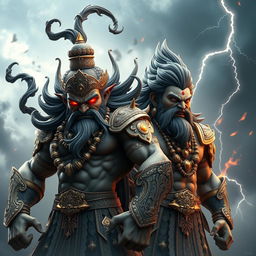 A dramatic 3D rendering of the fierce deities Shumbh and Nishumbh, depicted with intense expressions of anger