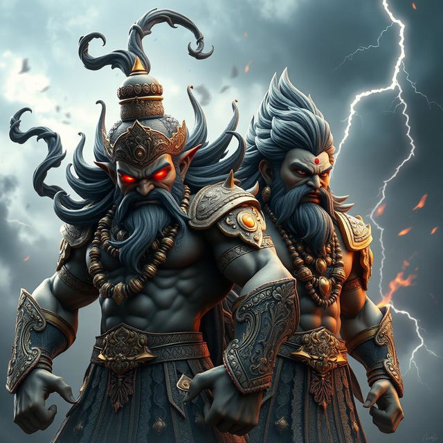 A dramatic 3D rendering of the fierce deities Shumbh and Nishumbh, depicted with intense expressions of anger