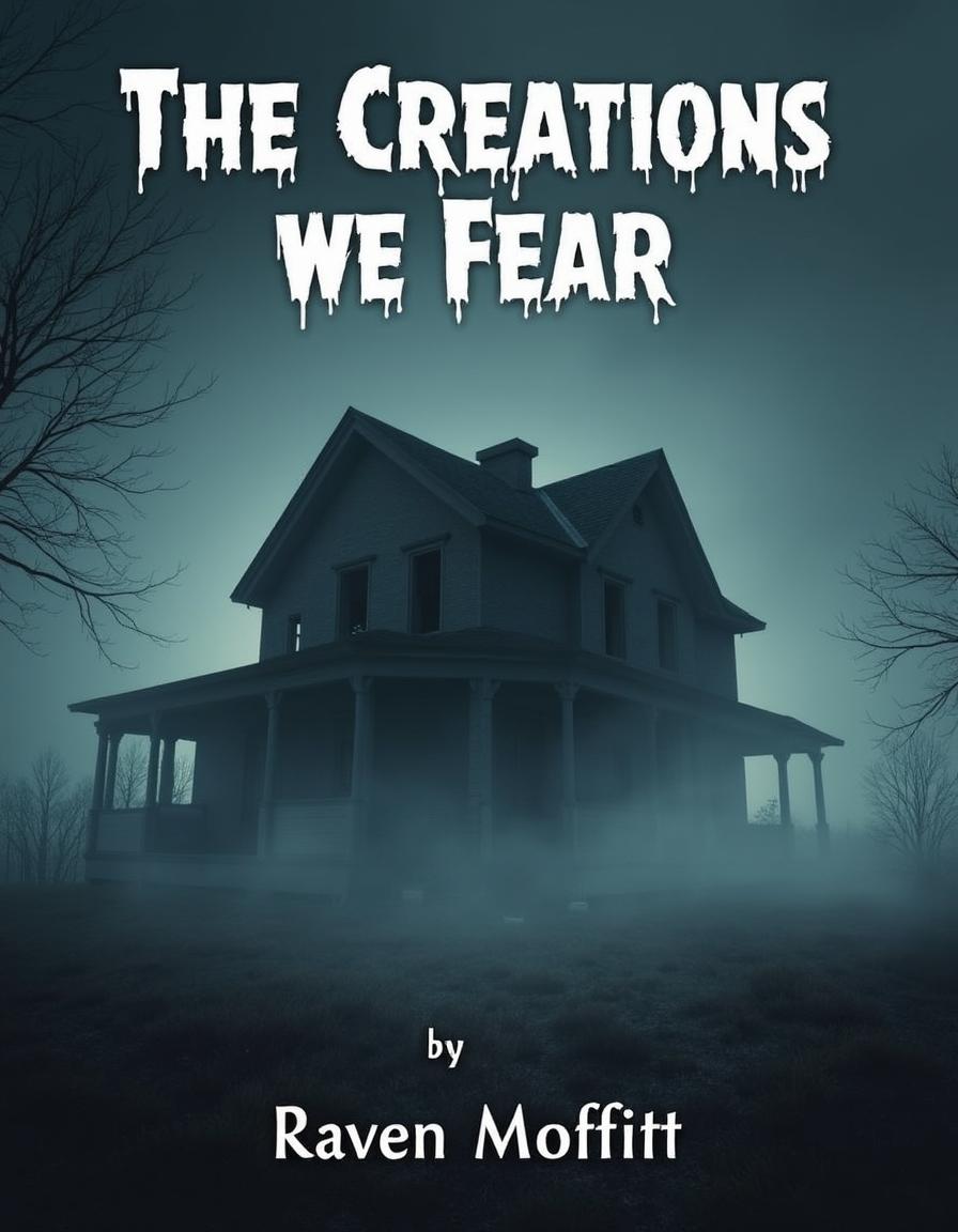 A haunting horror book cover for 'The Creations We Fear' by Raven Moffitt