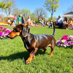 A charming dachshund dog, with a shiny, smooth coat, playfully strutting around a colorful park filled with green grass, vibrant flowers, and a clear blue sky