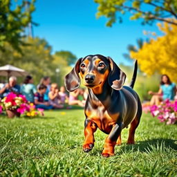 A charming dachshund dog, with a shiny, smooth coat, playfully strutting around a colorful park filled with green grass, vibrant flowers, and a clear blue sky