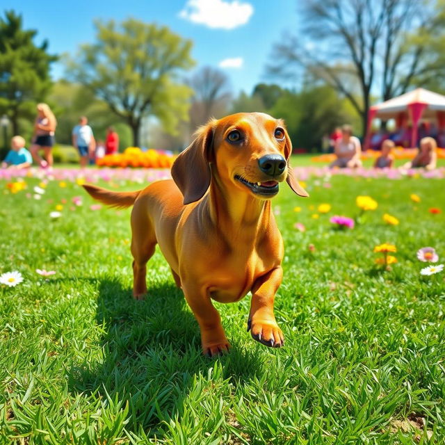 A charming dachshund dog, with a shiny, smooth coat, playfully strutting around a colorful park filled with green grass, vibrant flowers, and a clear blue sky