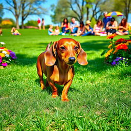 A charming dachshund dog, with a shiny, smooth coat, playfully strutting around a colorful park filled with green grass, vibrant flowers, and a clear blue sky