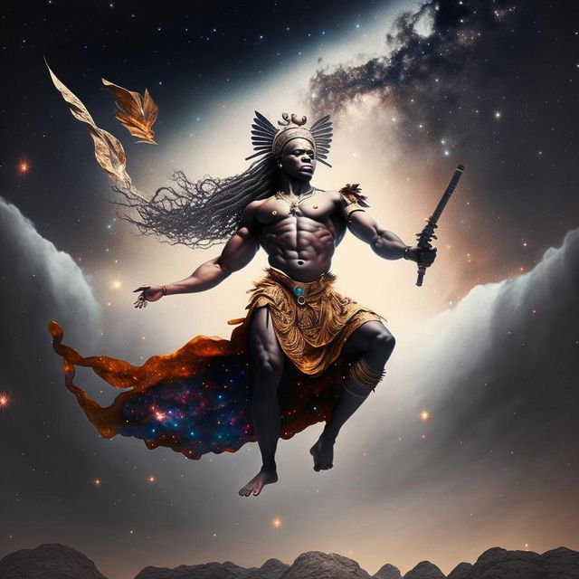 Ogun, Yoruba god of iron, flying in galaxies