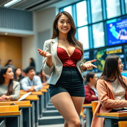 A 26-year-old stunningly beautiful woman of mixed Japanese and European descent, with a voluptuous figure and large bust, standing in a modern university lecture hall engaging with her students