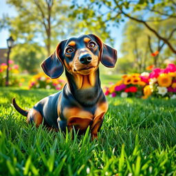 A beautiful scene featuring a lively dachsund dog with a glossy coat, sitting majestically on the lush green grass