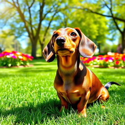 A beautiful scene featuring a lively dachsund dog with a glossy coat, sitting majestically on the lush green grass