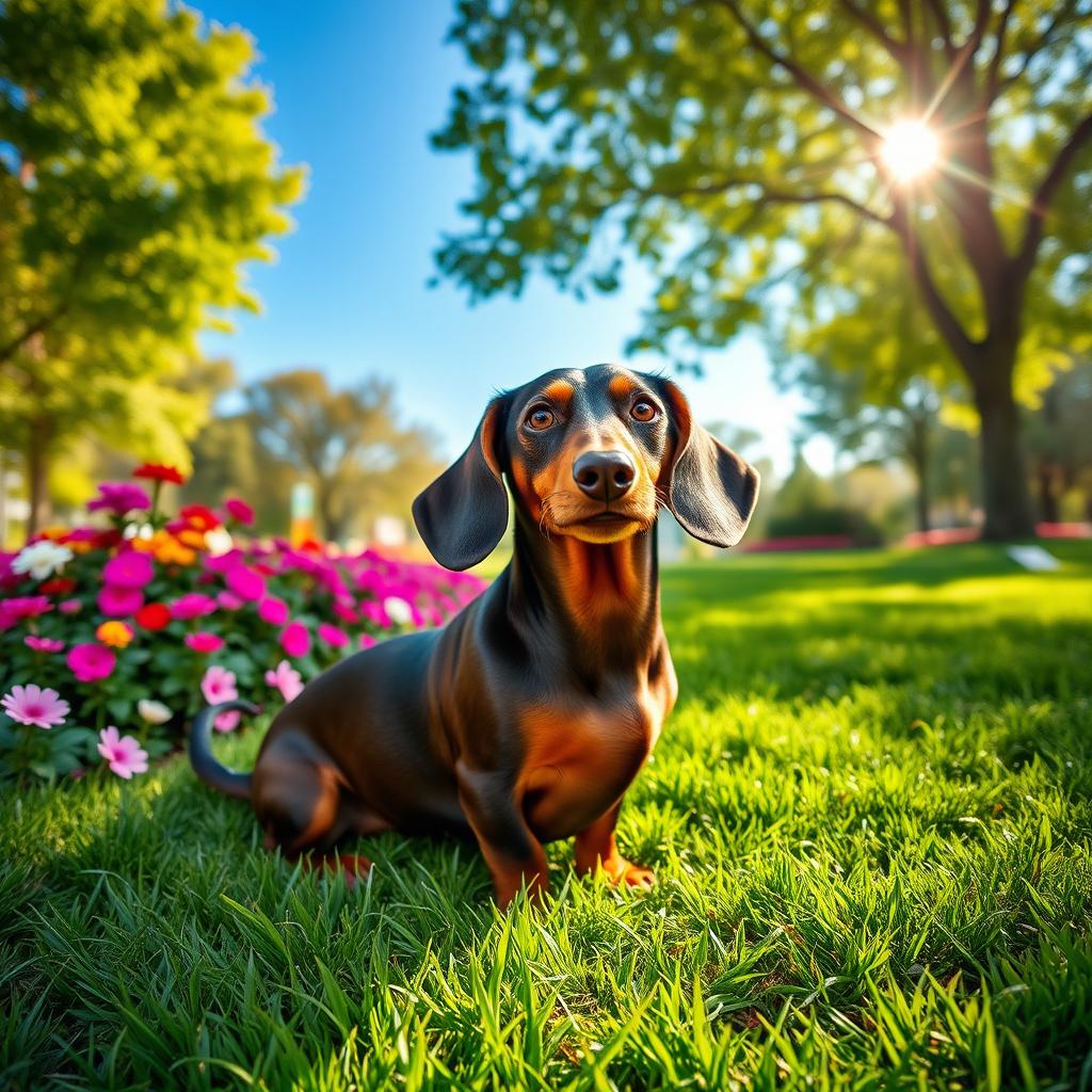 A beautiful scene featuring a lively dachsund dog with a glossy coat, sitting majestically on the lush green grass