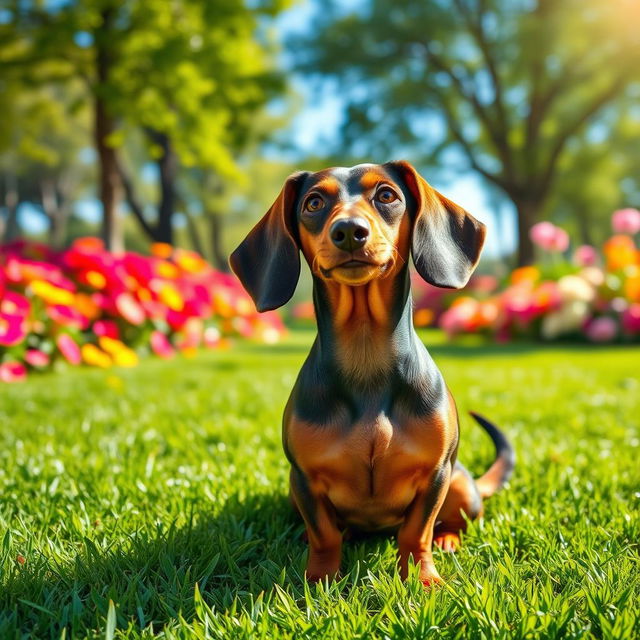 A beautiful scene featuring a lively dachsund dog with a glossy coat, sitting majestically on the lush green grass