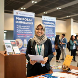 A Muslim university student, dressed in smart casual attire and wearing a hijab, is standing at a registration desk for a seminar on proposal submissions