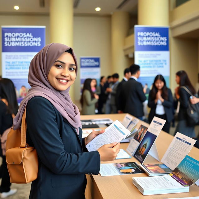 A Muslim university student, dressed in smart casual attire and wearing a hijab, is standing at a registration desk for a seminar on proposal submissions