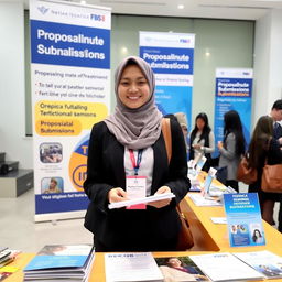 A Muslim university student, dressed in smart casual attire and wearing a hijab, is standing at a registration desk for a seminar on proposal submissions