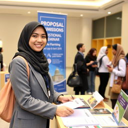 A Muslim university student, dressed in smart casual attire and wearing a hijab, is standing at a registration desk for a seminar on proposal submissions