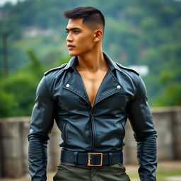 A handsome Indonesian soldier with a muscular and athletic build, showcasing his toned physique