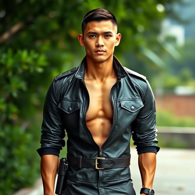 A handsome Indonesian soldier with a muscular and athletic build, showcasing his toned physique