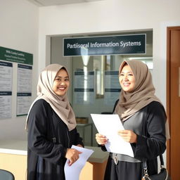 A Muslim university student wearing a hijab is at the administration office of the BKI (Business Information Systems) department, happily registering for a seminar on proposal submissions