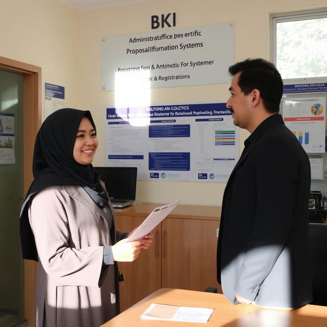 A Muslim university student wearing a hijab is at the administration office of the BKI (Business Information Systems) department, happily registering for a seminar on proposal submissions