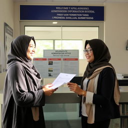 A Muslim university student wearing a hijab is at the administration office of the BKI (Business Information Systems) department, happily registering for a seminar on proposal submissions