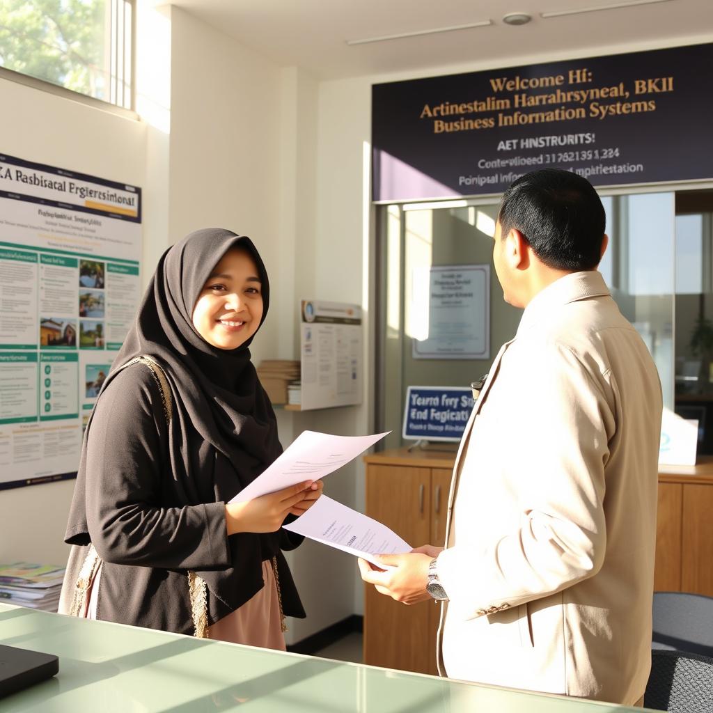 A Muslim university student wearing a hijab is at the administration office of the BKI (Business Information Systems) department, happily registering for a seminar on proposal submissions