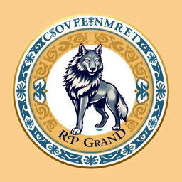 A circular logo for the government of RP Grand featuring a majestic wolf in the center