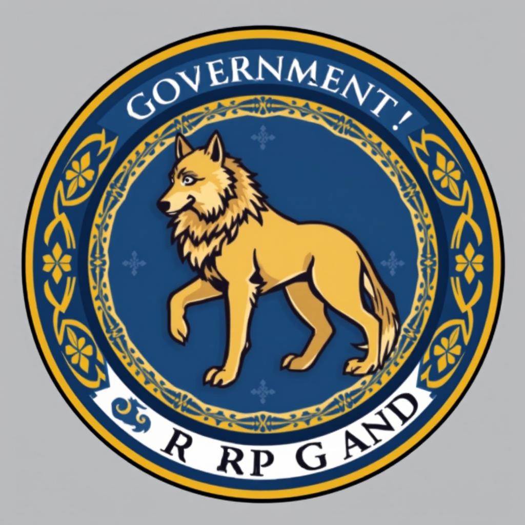 A circular logo for the government of RP Grand featuring a majestic wolf in the center