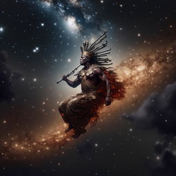 Ogun, Yoruba god of iron, flying in galaxies