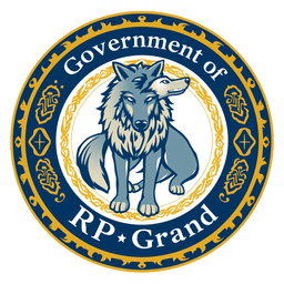 A circular logo for the government of RP Grand featuring a majestic wolf in the center