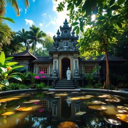 A stunning Balinese temple surrounded by lush greenery, featuring intricate stone carvings and ornate architecture