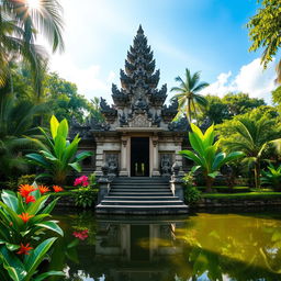 A stunning Balinese temple surrounded by lush greenery, featuring intricate stone carvings and ornate architecture