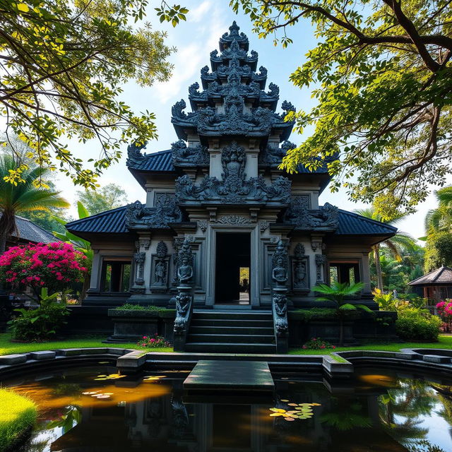 A stunning Balinese temple surrounded by lush greenery, featuring intricate stone carvings and ornate architecture