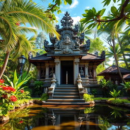 A stunning Balinese temple surrounded by lush greenery, featuring intricate stone carvings and ornate architecture