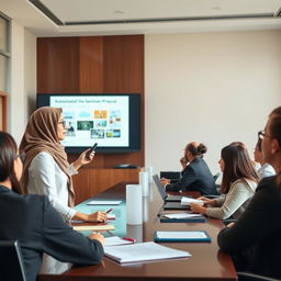 A Muslim female student wearing a stylish hijab is confidently presenting her seminar proposal in a formal conference room