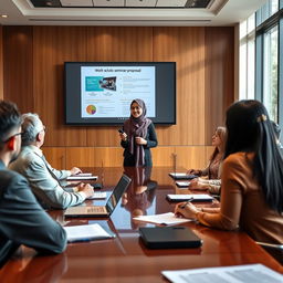 A Muslim female student wearing a stylish hijab is confidently presenting her seminar proposal in a formal conference room