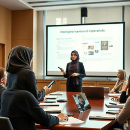A Muslim female student wearing a stylish hijab is confidently presenting her seminar proposal in a formal conference room