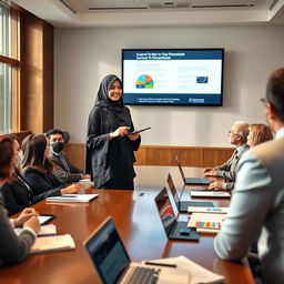 A Muslim female student wearing a stylish hijab is confidently presenting her seminar proposal in a formal conference room