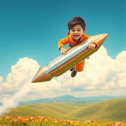 A dynamic and imaginative scene featuring a young boy riding a shiny, metallic bullet in mid-air, capturing a sense of adventure and excitement