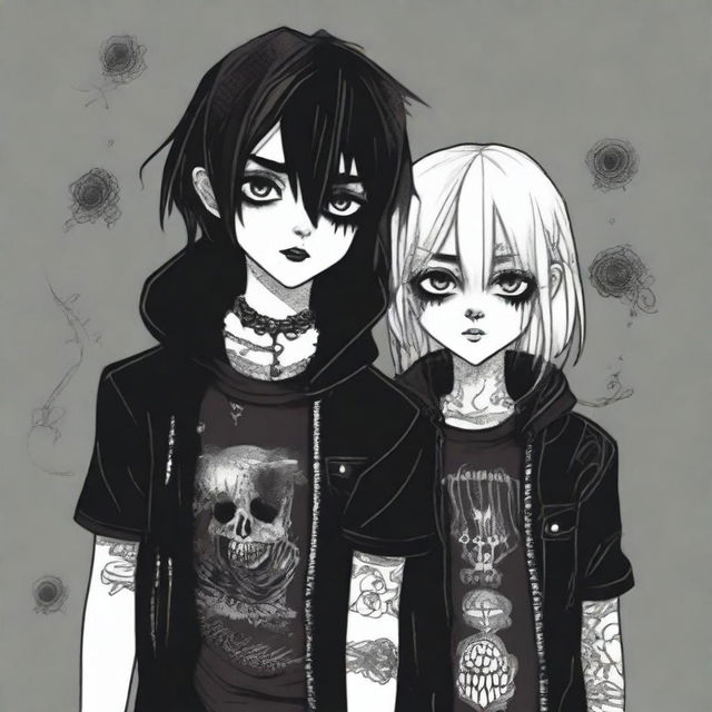 This is a high-quality digital art image featuring a goth girl and an emo boy together