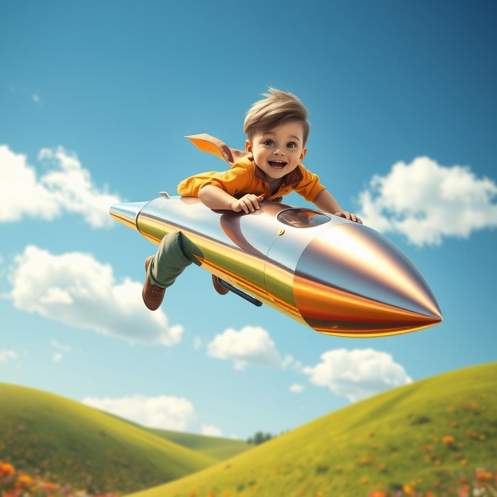 A dynamic and imaginative scene featuring a young boy riding a shiny, metallic bullet in mid-air, capturing a sense of adventure and excitement