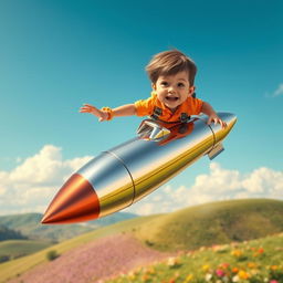 A dynamic and imaginative scene featuring a young boy riding a shiny, metallic bullet in mid-air, capturing a sense of adventure and excitement