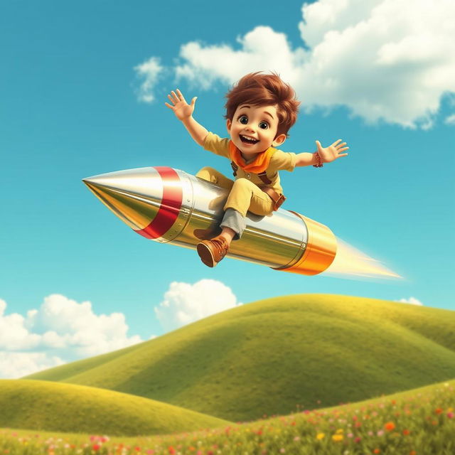 A dynamic and imaginative scene featuring a young boy riding a shiny, metallic bullet in mid-air, capturing a sense of adventure and excitement