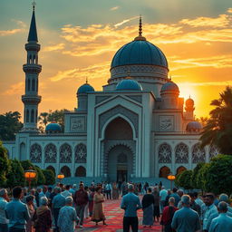 An artistic representation of Islamic culture, featuring a beautiful mosque with intricate geometric patterns and a stunning dome