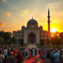 An artistic representation of Islamic culture, featuring a beautiful mosque with intricate geometric patterns and a stunning dome