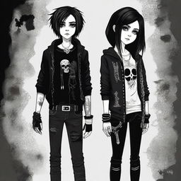 This is a high-quality digital art image featuring a goth girl and an emo boy together