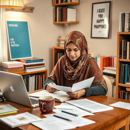 A Muslim female student, wearing a colorful hijab, is intently revising her proposal in a cozy study room filled with books and academic resources